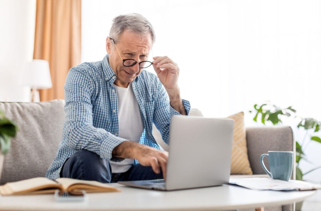 An older adult lowering their glasses while trying to read their computer screen due to vision issues from age-related macular degeneration.