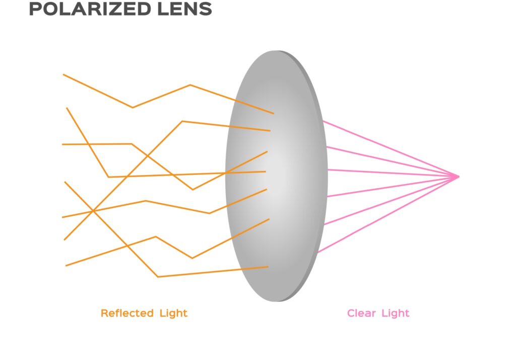 Diagram showing how a polarized lens blocks reflected horizontal light while allowing vertical light to pass through for clearer vision.