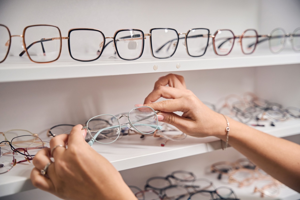 Glasses frames on shelf.