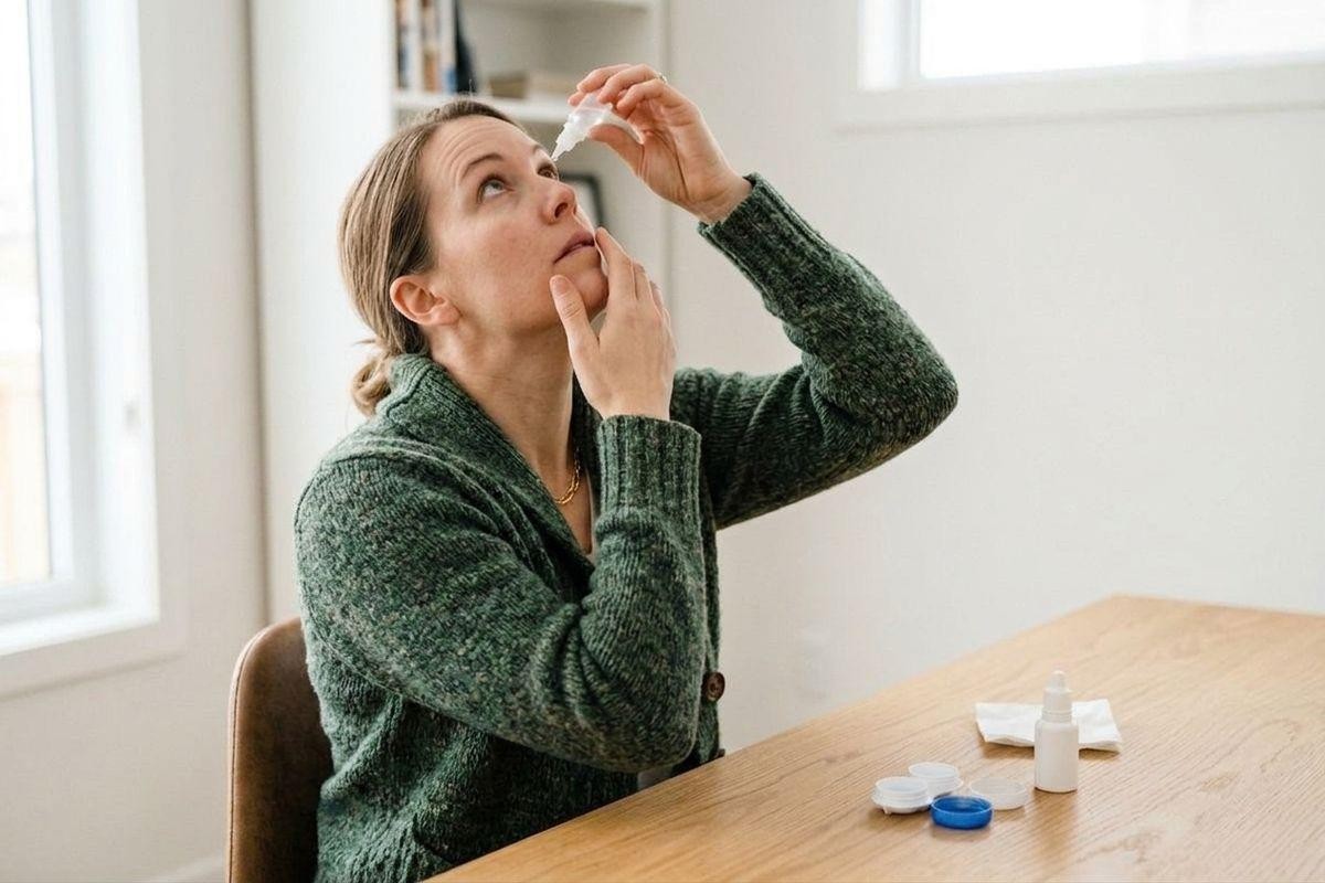 adult-applying-eye-drops-while-seated-at-a-wooden-table-with-a-contact-lens-case Adult applying eye drops while seated at a wooden table, with a contact lens case and solution bottle nearby.