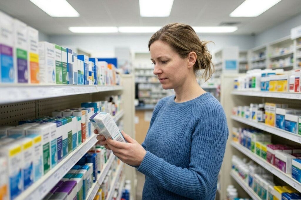 Adult reading a product label in a pharmacy aisle, surrounded by shelves of boxed medications.