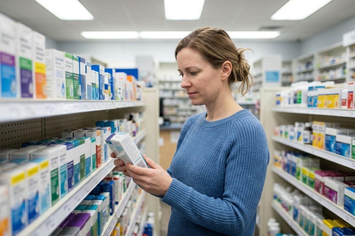 Adult reading a product label in a pharmacy aisle, surrounded by shelves of boxed medications.