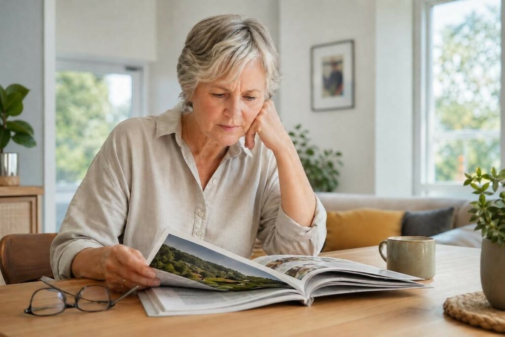 Older woman reading magazine at a table.
