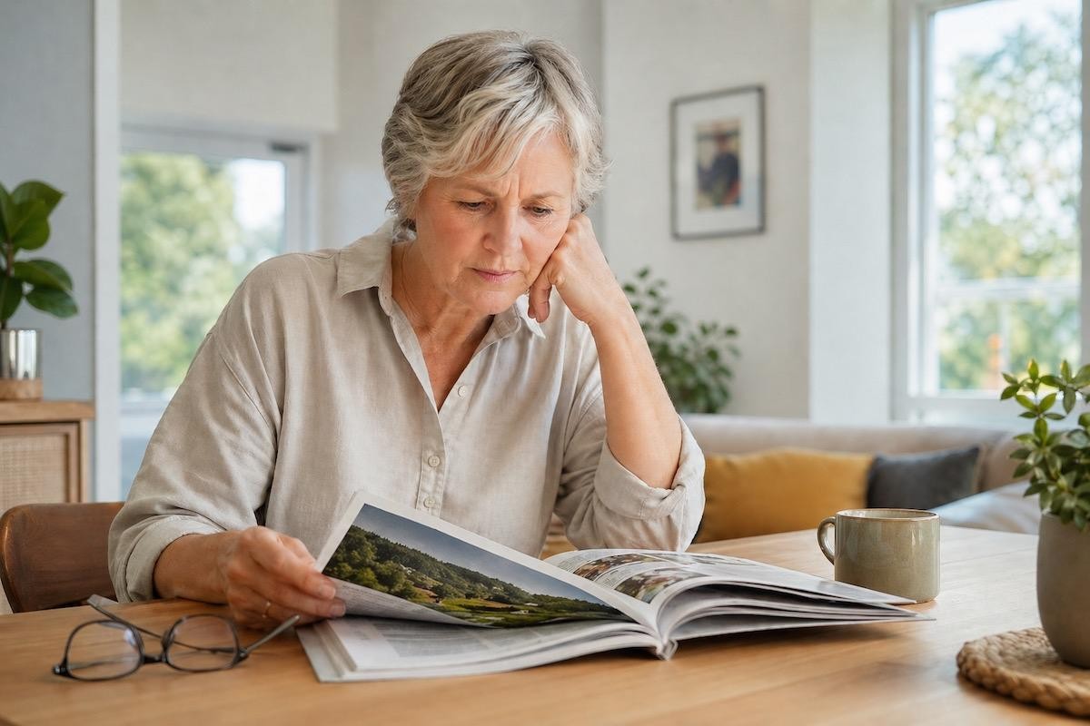 Older woman reading magazine at a table.