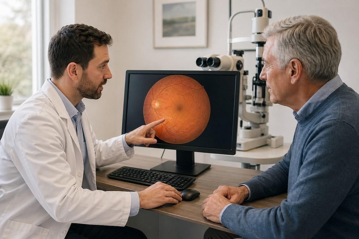 Optometrist reviewing macular degeneration imaging with older patient.