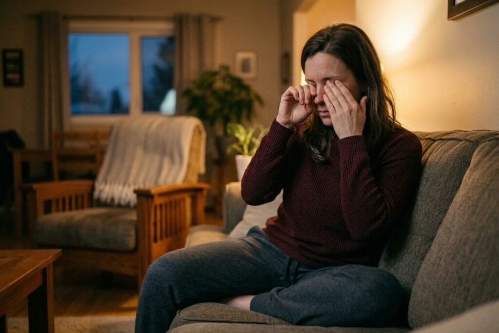 Adult sitting on a sofa in a dimly lit living room, rubbing both eyes with their hands.