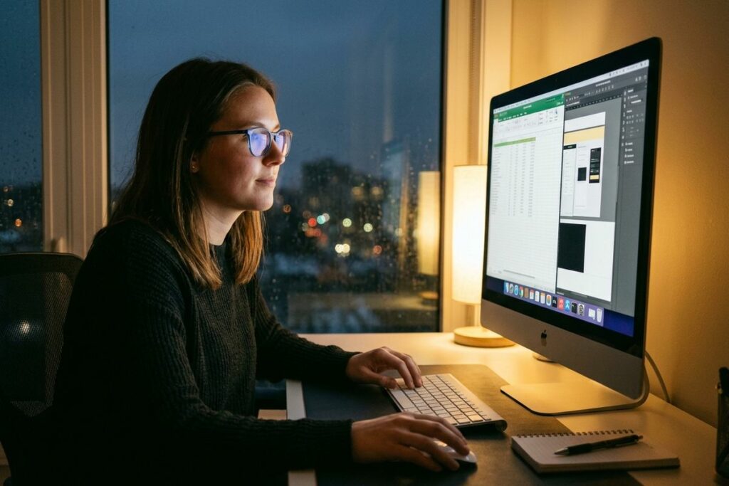 Adult with glasses sitting at a desk, focused on a desktop computer showing spreadsheet and design software, in a dimly lit office at night.