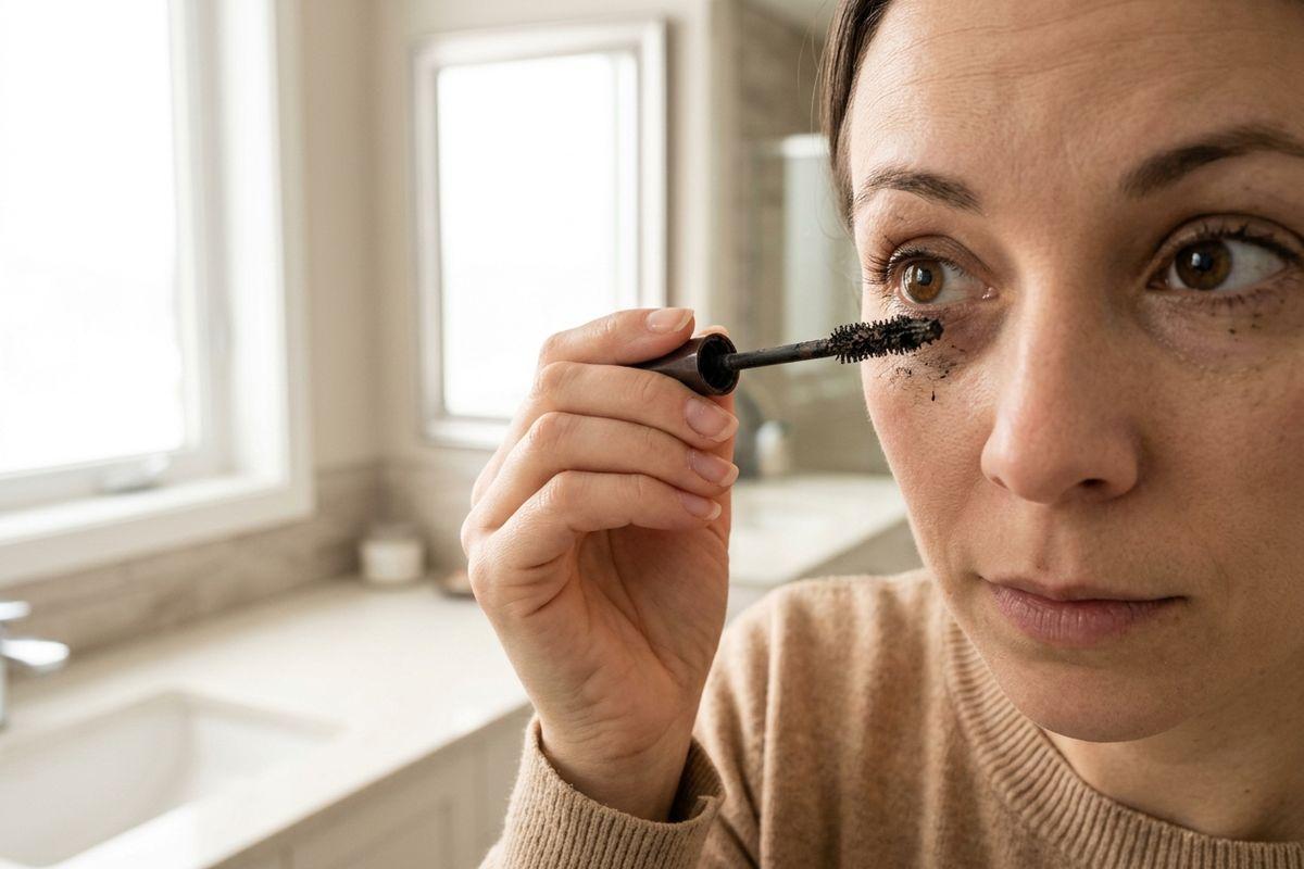 Adult applying mascara wand to lashes in a bathroom, with black smudges visible under the eye.