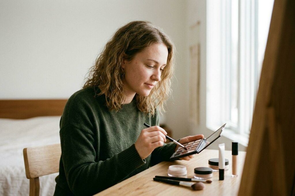 Adult sitting at a wooden desk applying makeup with a brush to an eyeshadow palette, with cosmetics arranged nearby in a bedroom.