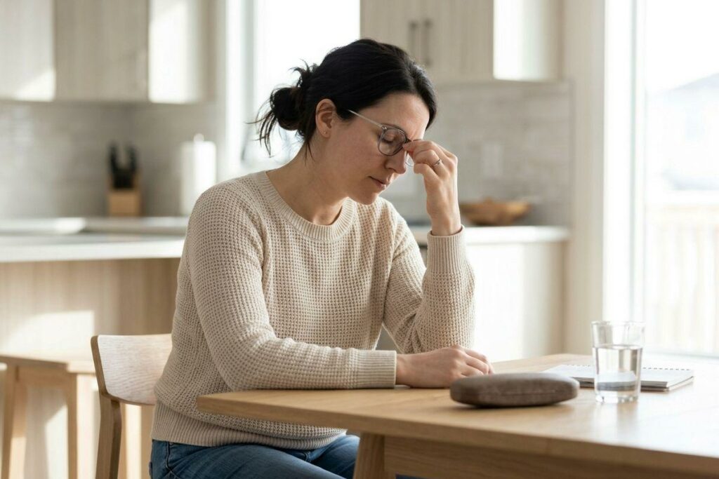 Adult with glasses sitting at a kitchen table, eyes closed, pinching the bridge of their nose with one hand, appearing distressed.