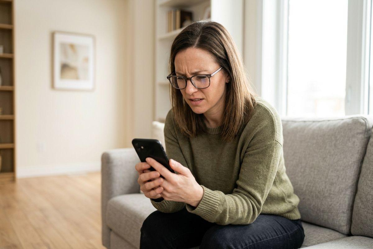 Adult with glasses sitting on a sofa, looking at a smartphone with a concerned expression, in a light-filled living room.