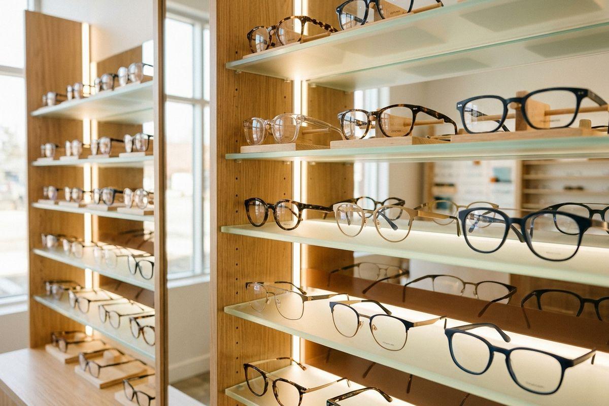 Rows of eyeglass frames displayed on backlit glass shelves in a wood-paneled optical shop.